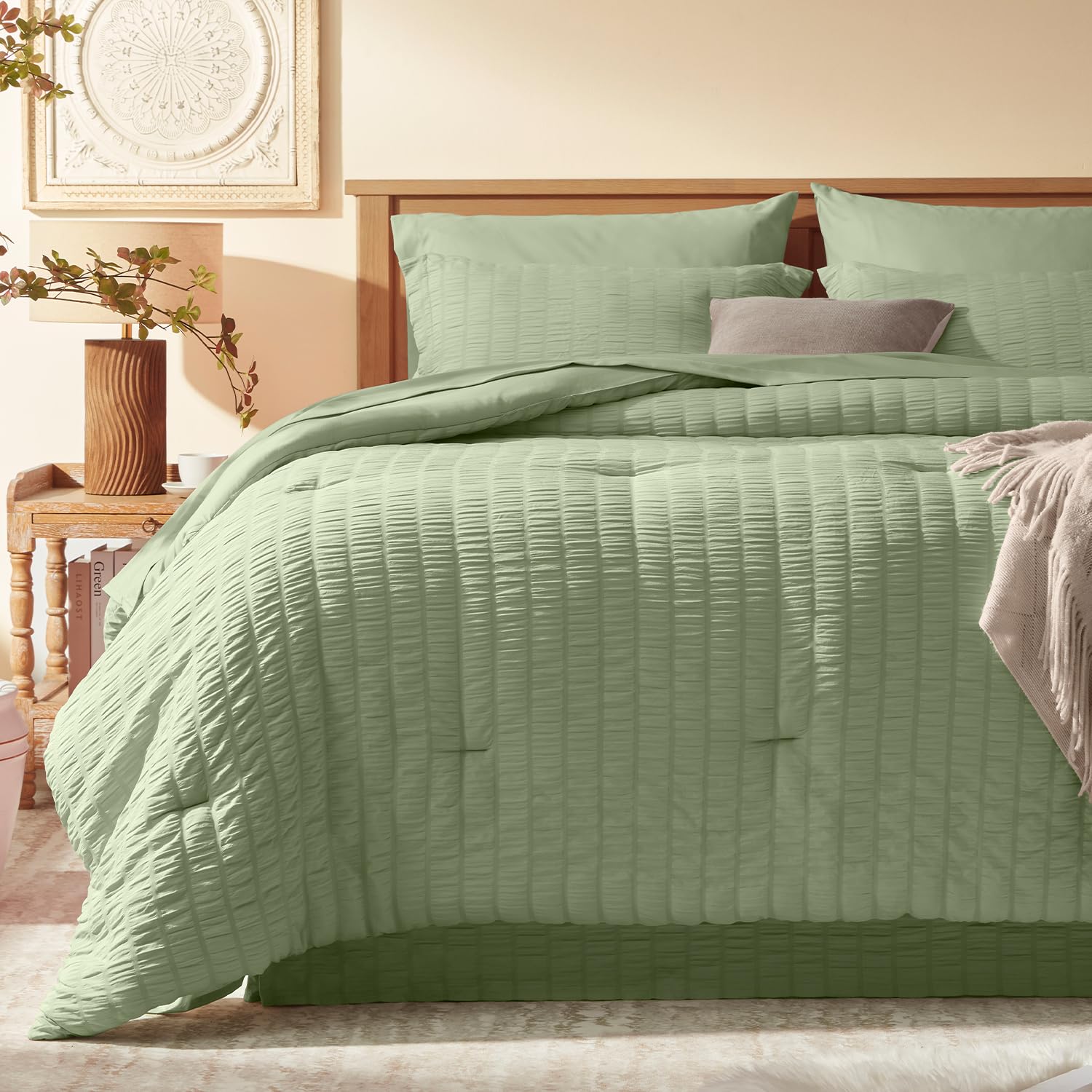 Laojin Balhen Queen Comforter Set 8 Pieces Seersucker Bed in a Bag Queen Sage Green Comforter with Sheets Comforters Queen Size Bedding Sets with Comforter Sheets Pillowcase & Sham and Bed Skirt